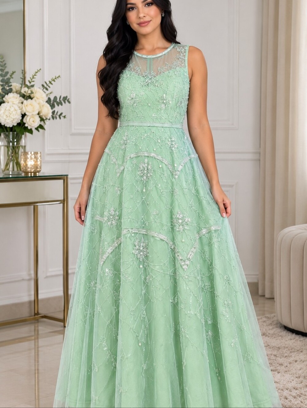 adrianna papell green beaded dress vintage Pale Maxi A wide V dog flower girl dress Floral Print Sequin V-Neck Color:Black Rhinestone